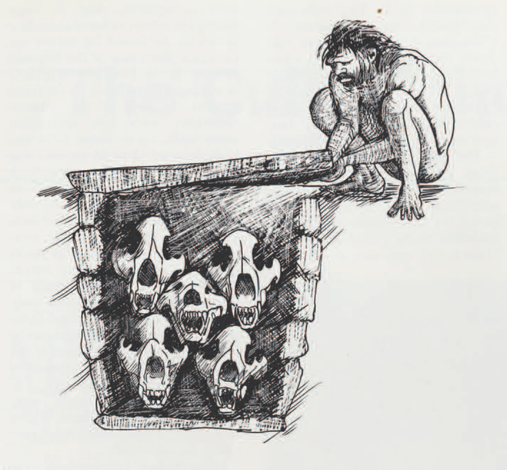 Drawing of a crouched figure buring five bear skulls in a chamber.