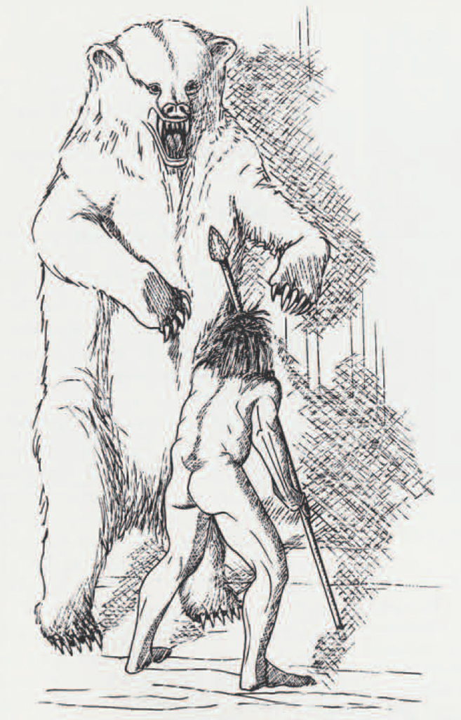 Drawing of a person trying to spear a bear on its hind legs.