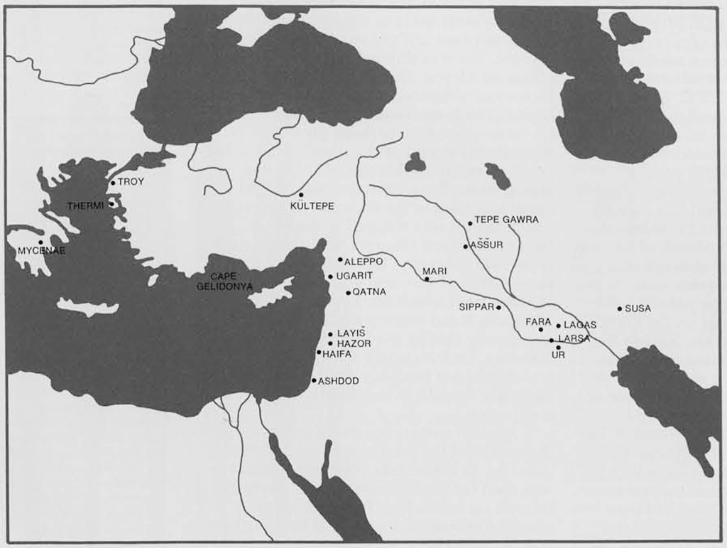 Map marking major archaeological sites in the Near East.