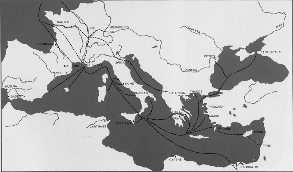 Map outlining trade routes across the Mediterranean.