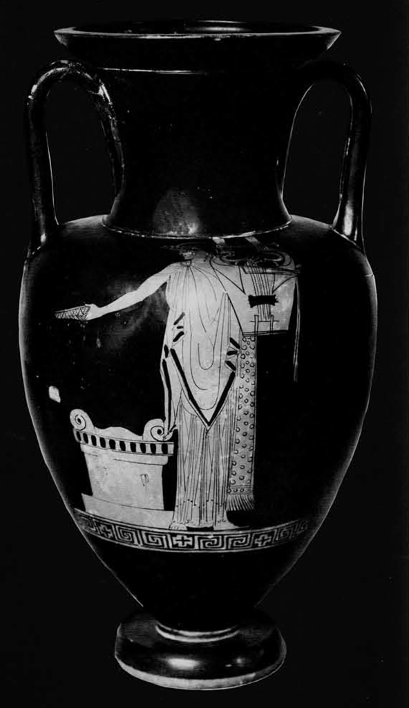 Amphora showing Apollo in draped clothings, holding a lyre, next to an altar.