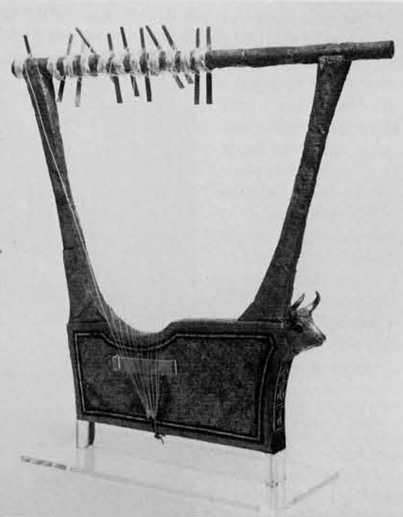 A restored lyre with a bull head at the front.