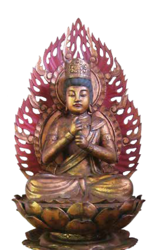 A statue of a Cosmic Buddha, seated on a lotus flower pedestal with a fiery halo behind.