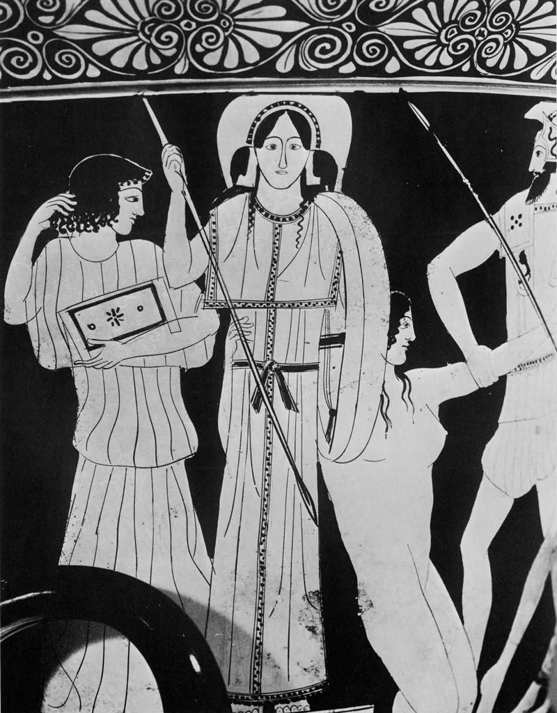 Close up of a depicting of Cassandra hiding from Ajax at the Palladion of Troy found on a krater.