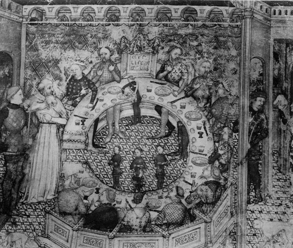 Elaborate drawing of the knights at the round table, eating.
