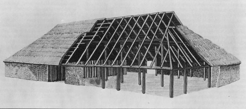 Reconstruction of a timber hall, with a cross section showing the layout of wall and roof beams.