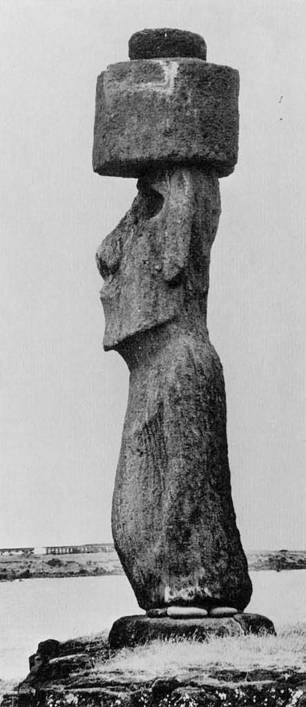 Easter Island Maoi in profile, a massive stone statue.