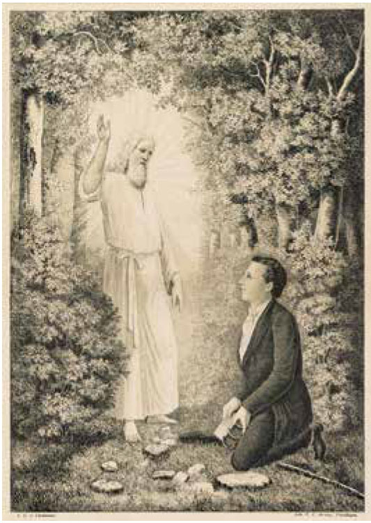 Print depicting an angel with a hand raised, standing in front of a kneeling man in the forest.