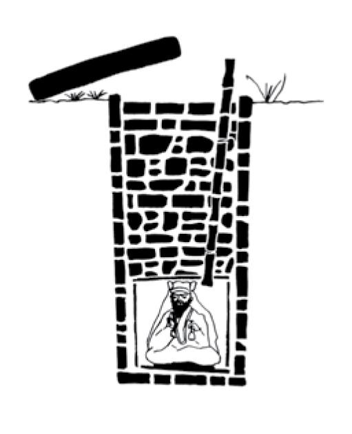 Diagram of a tomb dug into the ground, stones stacked on top of a chamber with an airhole.