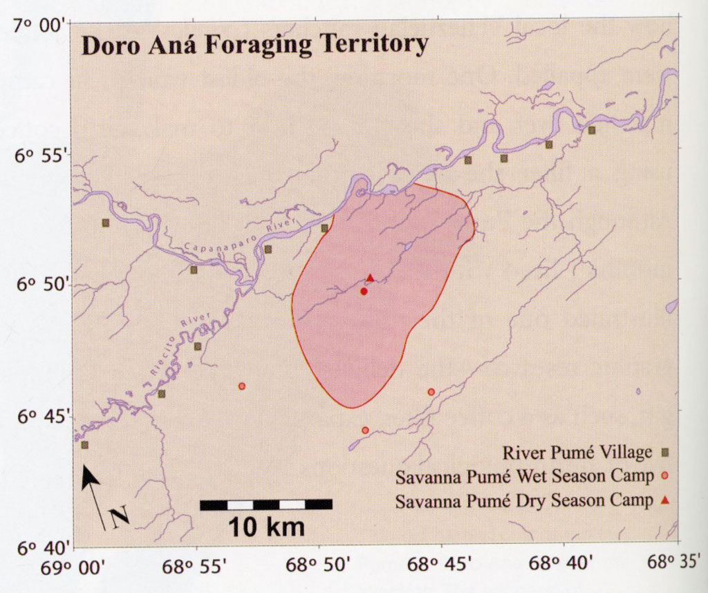 Map of the Doro Aná Foraging Territory showing villages and camps.