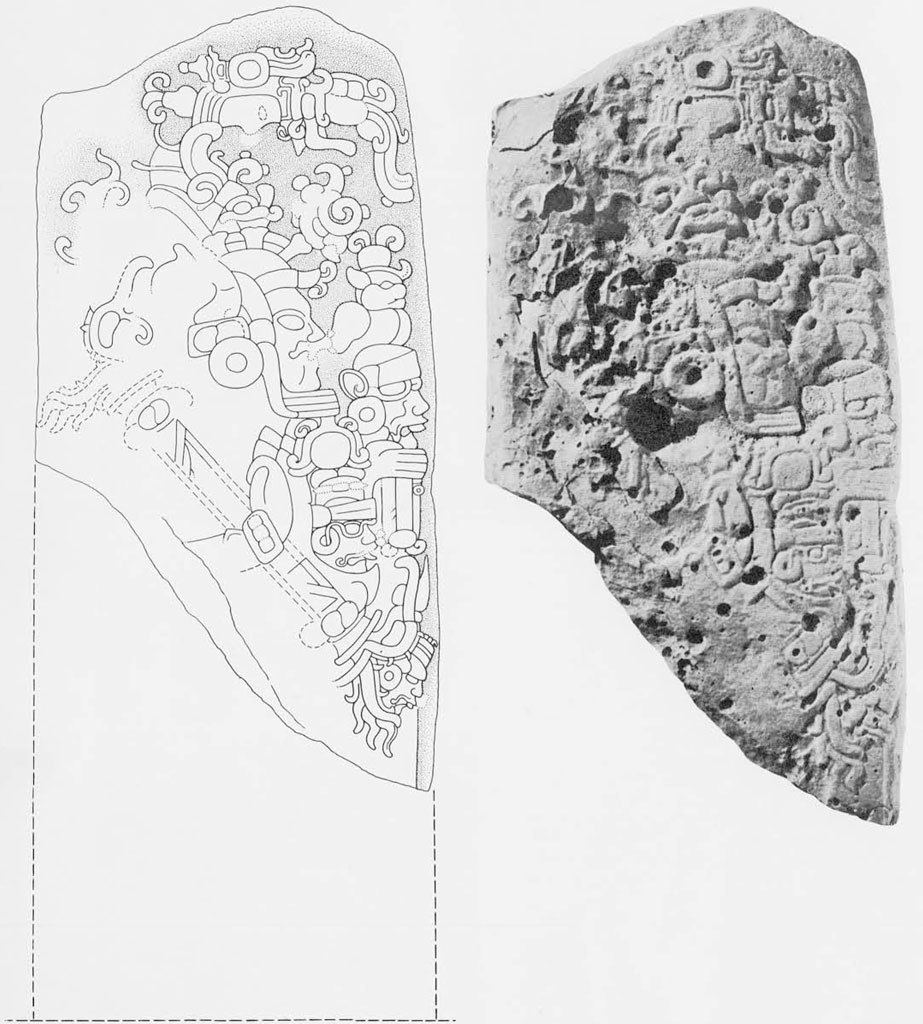 One side of Stela 29, photograph and line drawing of carving design on the stela.