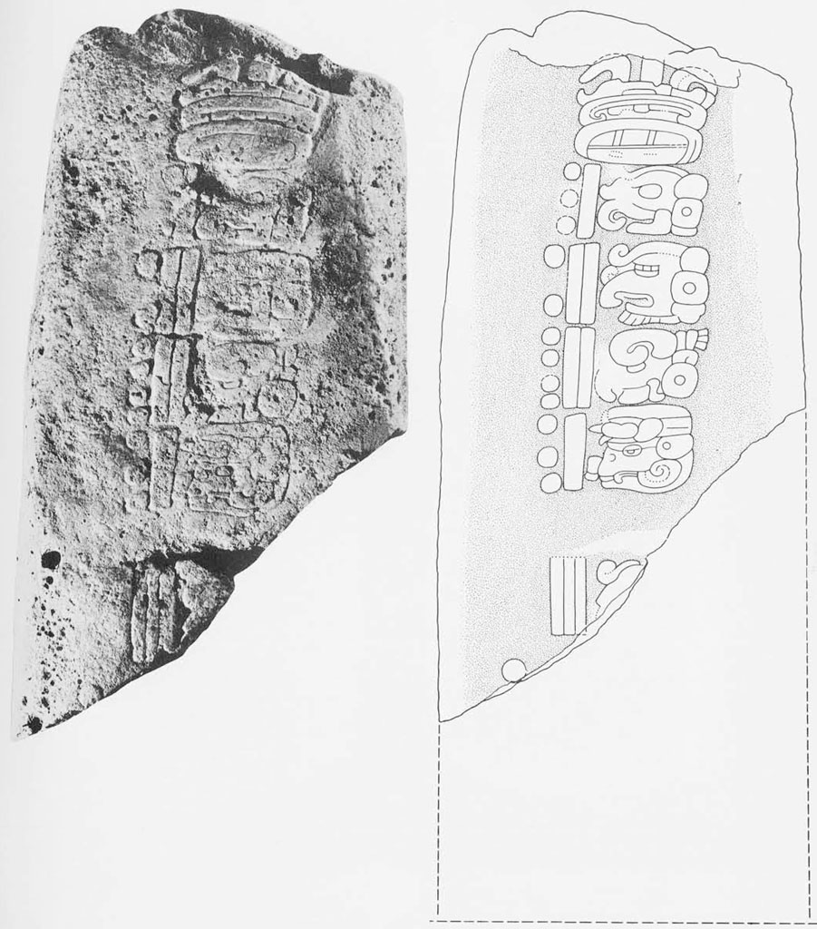 One side of Stela 29, photograph and line drawing of hieroglyphs on the stela.