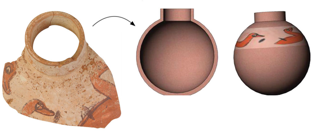 Sherd of Nubian vessel with reconstruction of decoration and 3D model.