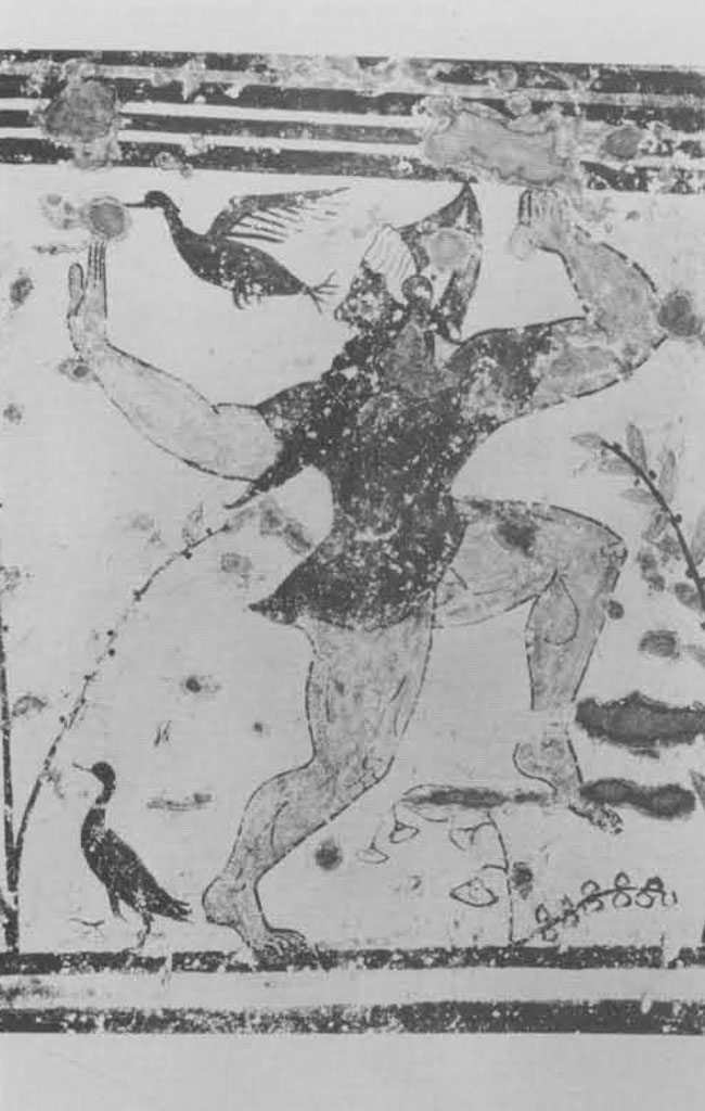 A man running, surrounded by birds, depicted on a tomb wall.
