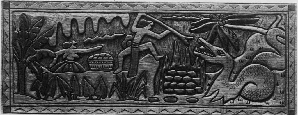 Carving of villagers fighting a serpent, a pile of stones sitting in a fire.