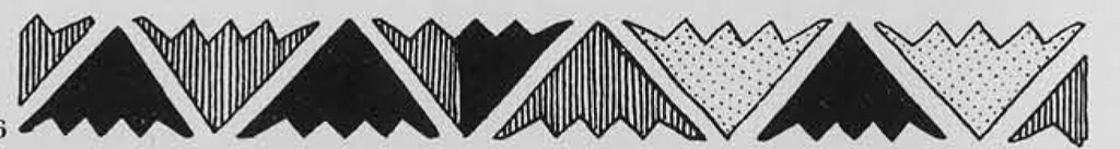 Stylized triangular clam symbols repeated and filled in with geometric patterns.