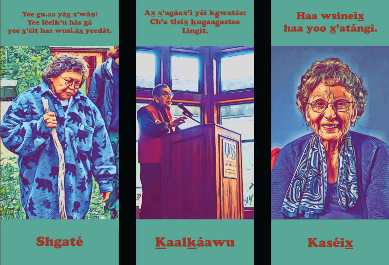 Drawn portraits of three people with quotes about the Tlingit language.