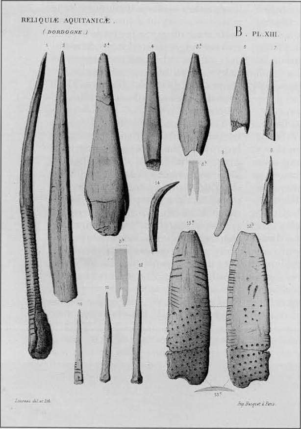 Drawings of Upper Paleolithic bone implements.