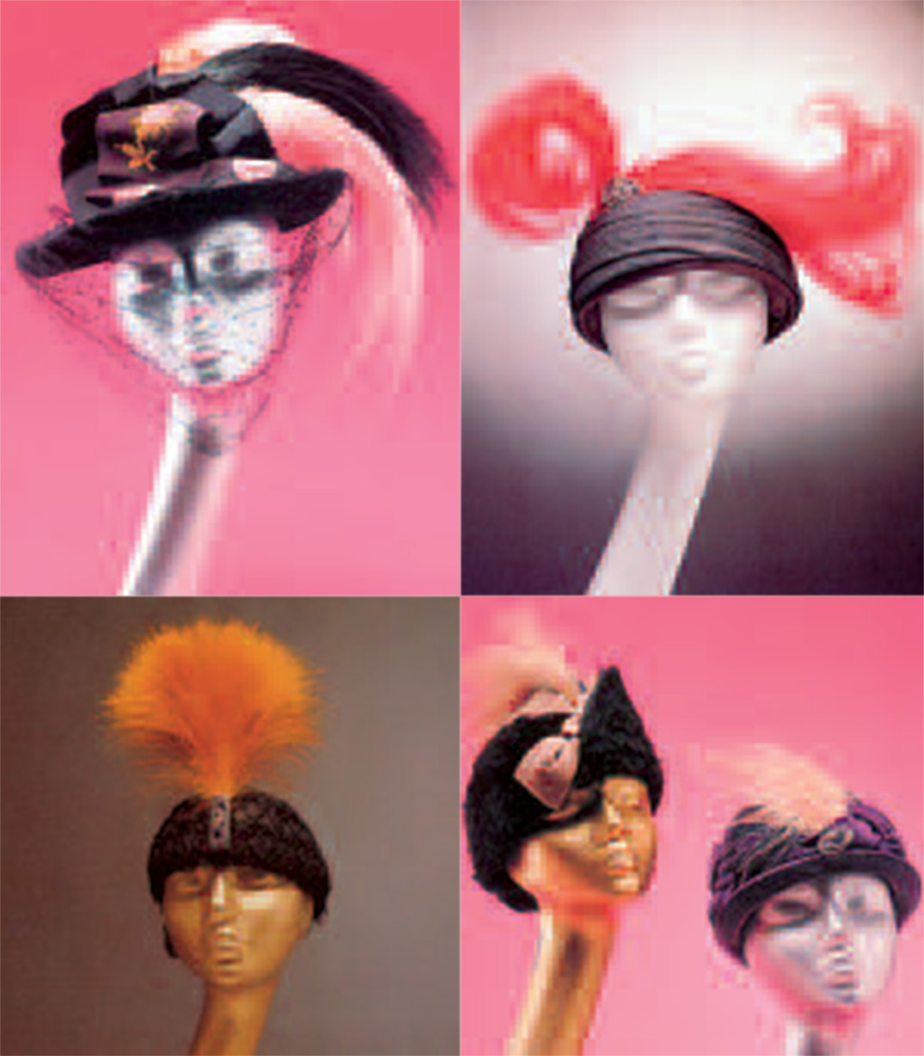 4 women mannequins wearing different hats.
