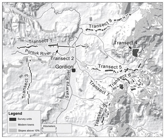 A elevation map of the region around Gordion showing locations of rivers and survey units.