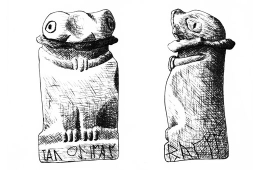 A drawing of small animal figurine with an inscription around the base, front and side views.