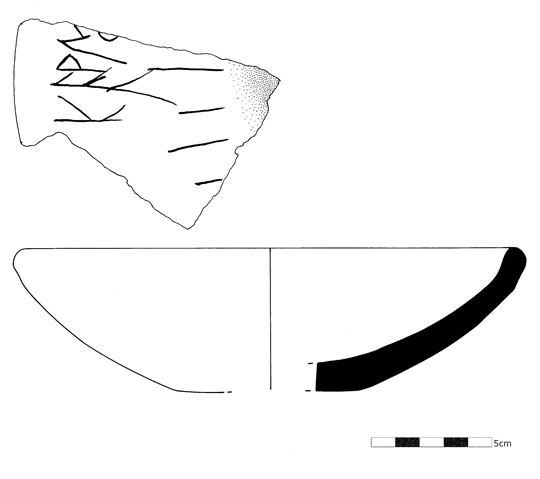 A drawing of a sherd with part of an inscription on it, and a drawing of a bowl from where the sherd originated.