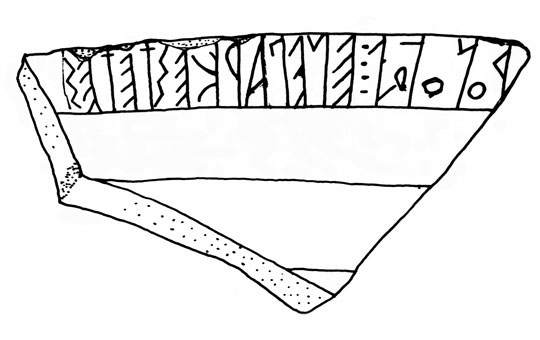 A drawing of a pottery fragment with three rows, the top row containing a series of inscriptions.