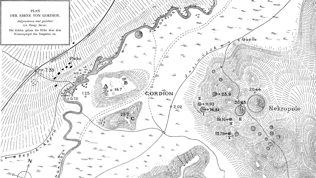 A drawn plan of Gordion showing the location of mounds and the Nekropole.