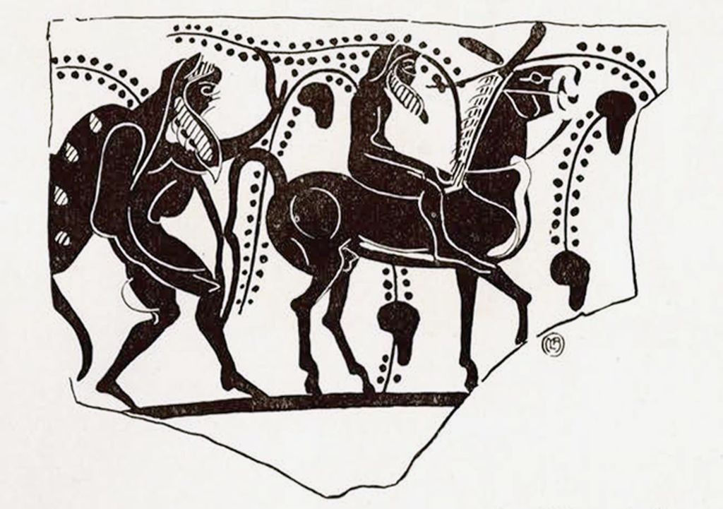 A drawing of a fragment featuring tow men, one on horseback