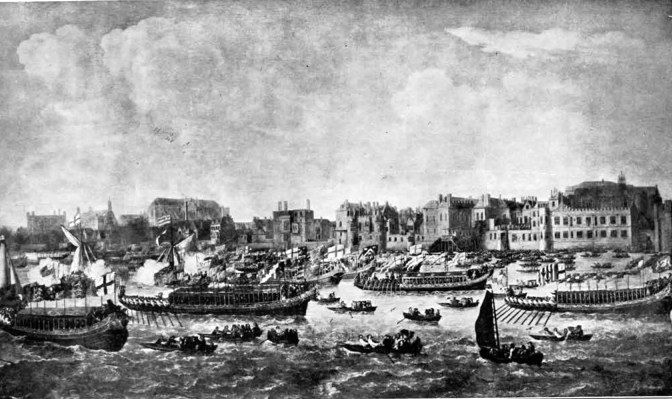 A view of London from across the water, full of boats on many sizes