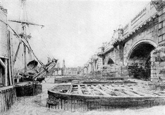 Drawing of the Old London Bridge and ships at port