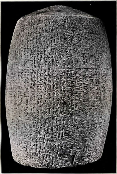 Clay cylinder with Cuneiform inscription describing Marduk and Nabu temples