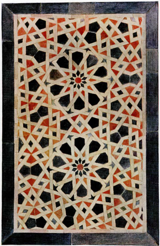 Panel of a mosaic in red and white and black in rosette motif