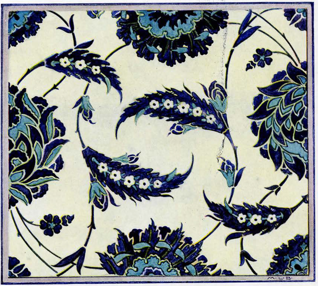 Blue and white damascus tile in a feather and flower pattern