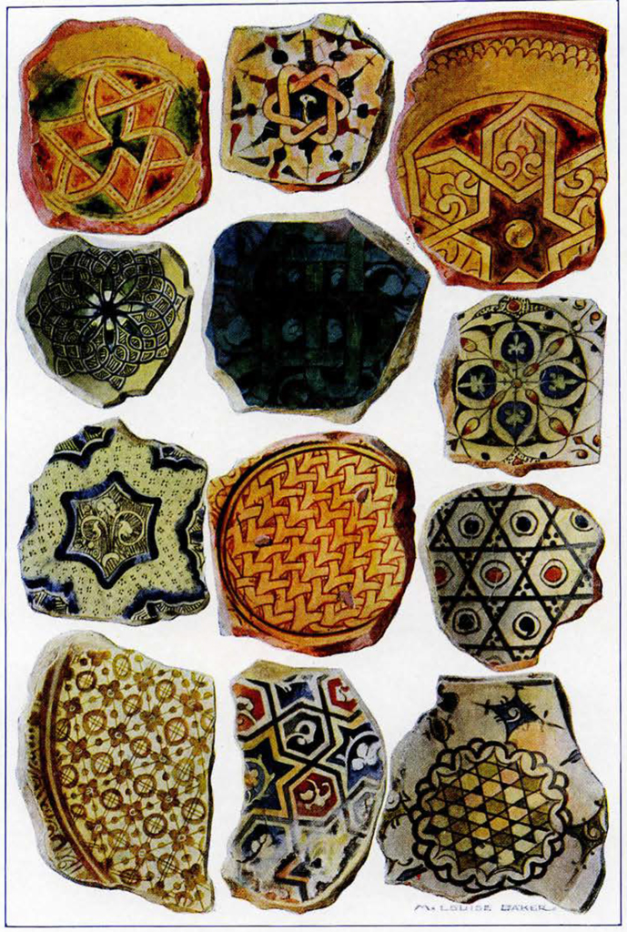 Many pieces of pottery showing various complex geometric patterns