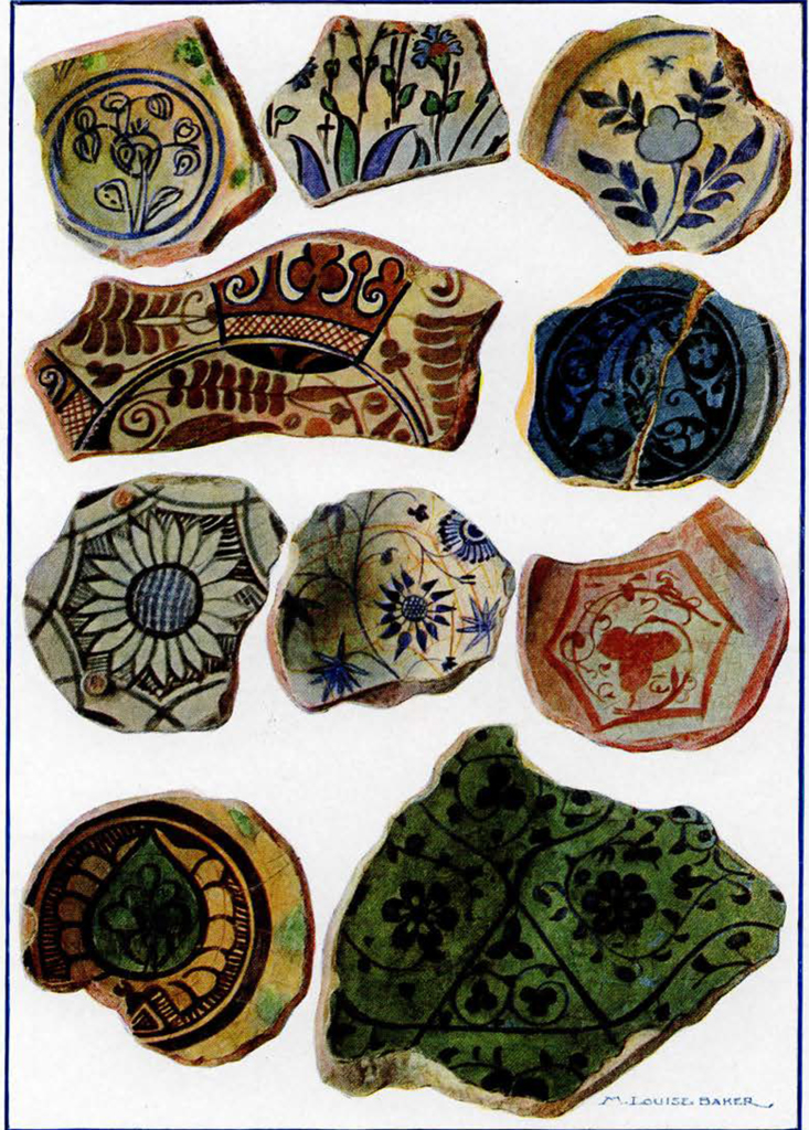 Many pieces of pottery showing complex floral and natural patterns