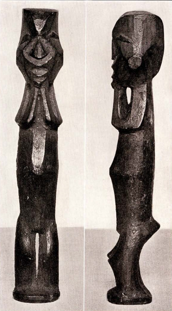 Roughly carved wood figure with hands on its face, front and side views