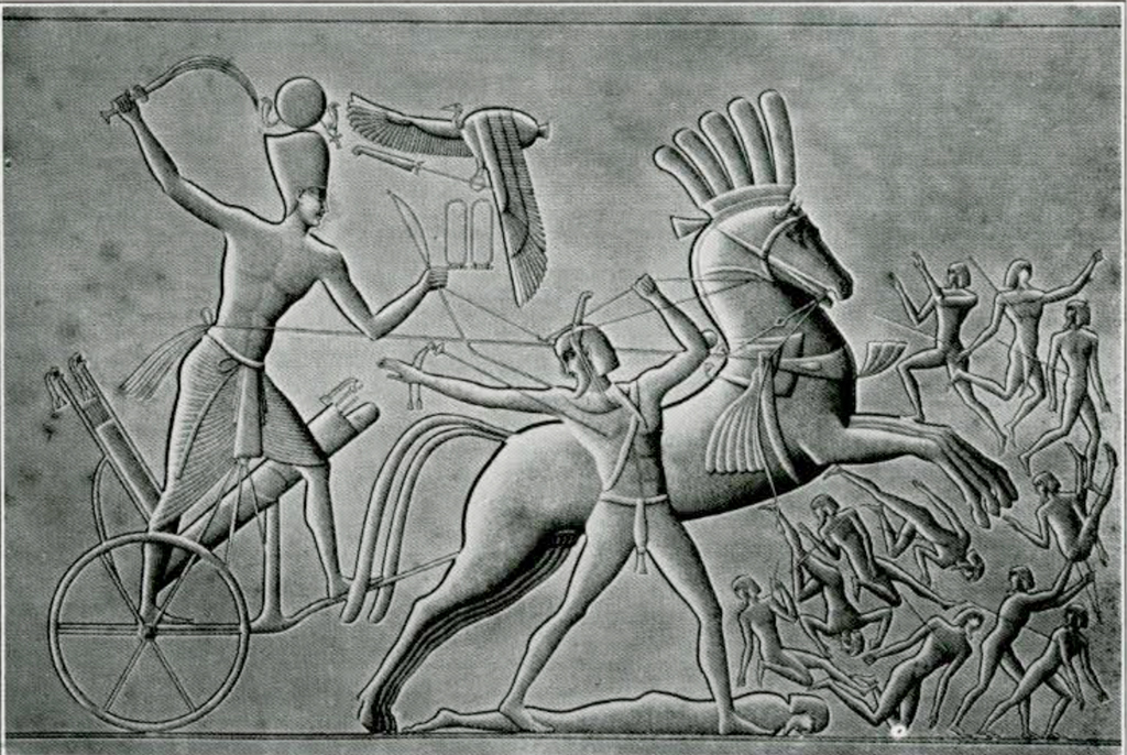 A plate showing a pharoah, horse, and warriors fighting a battle