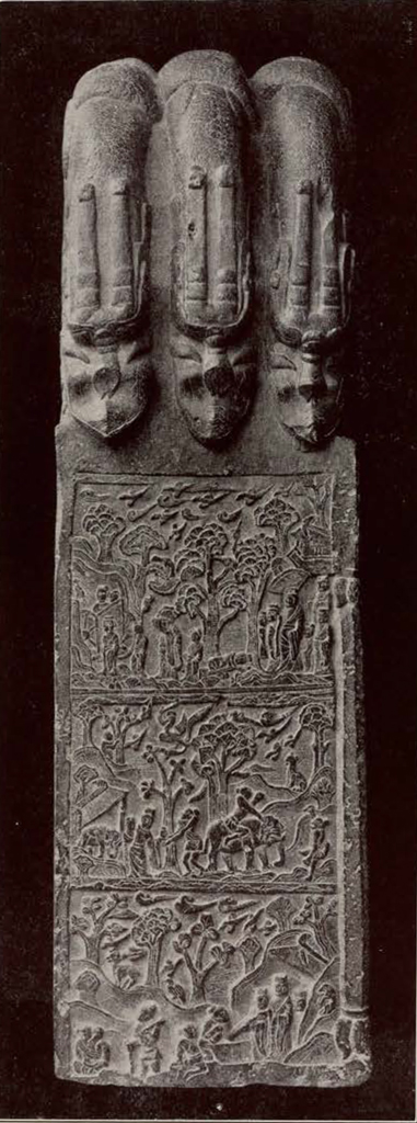 stone stela showing scenes from the life of the Buddha in low relief, topped three dragon heads