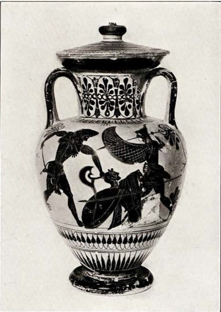 tall black figure amphora with lid showing a fight scene between three figures