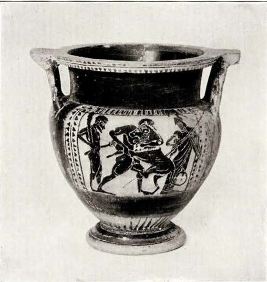 short krater showing a figure wrestling a lion while two others look on