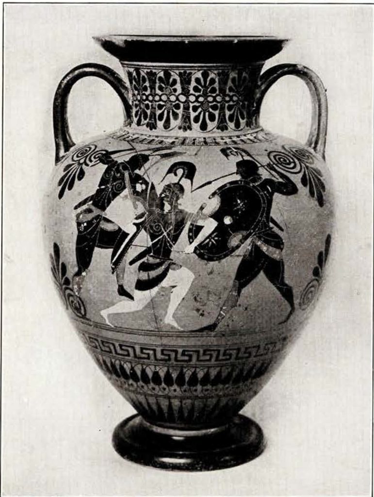 Amphora showing three figures in armor fighting with spears and shields