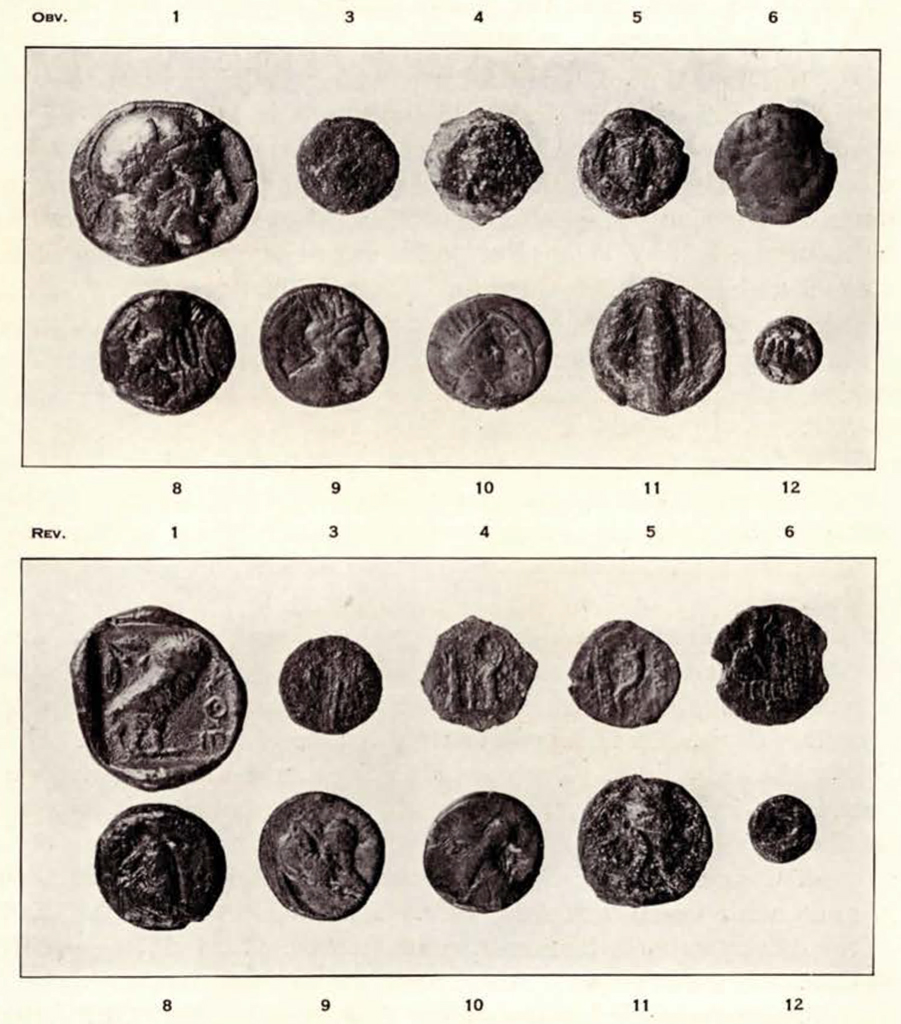 Obverse and reverse of ten round coins