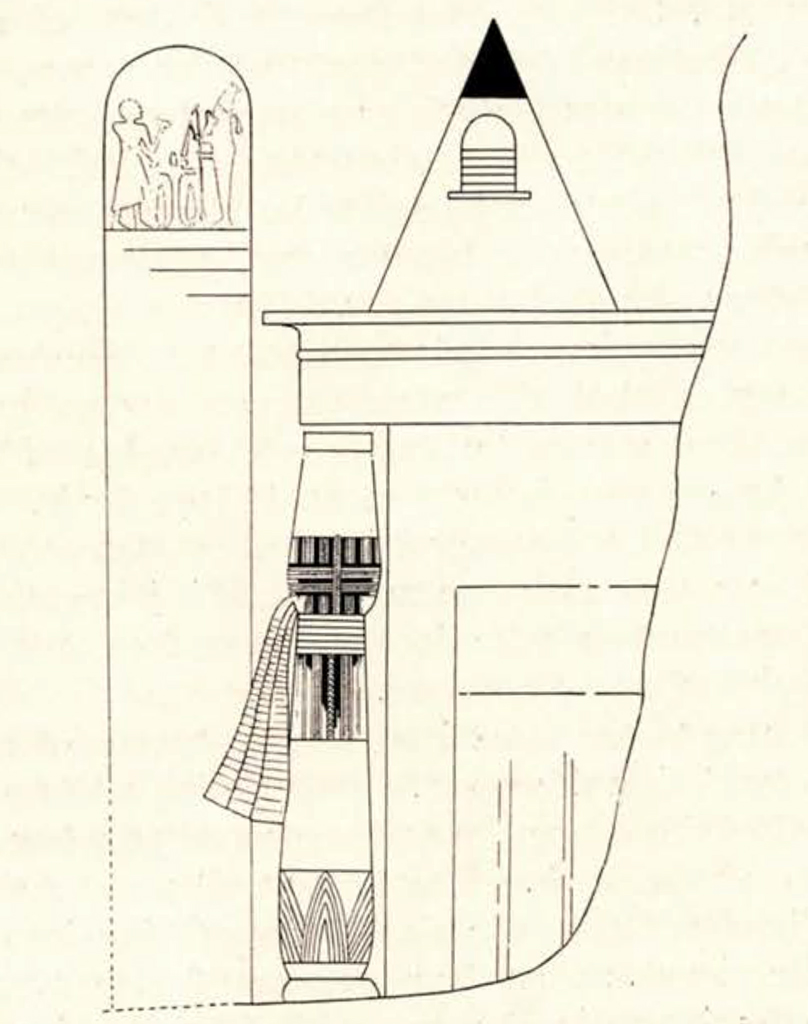 Drawing of a tomb layout with the stela on the left, and the entrance with a detailed column, holding up a roof which supports a pyramid