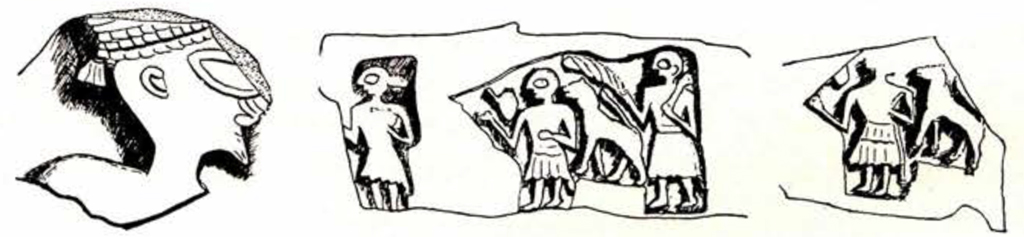 Three drawings of shepherds with dogs
