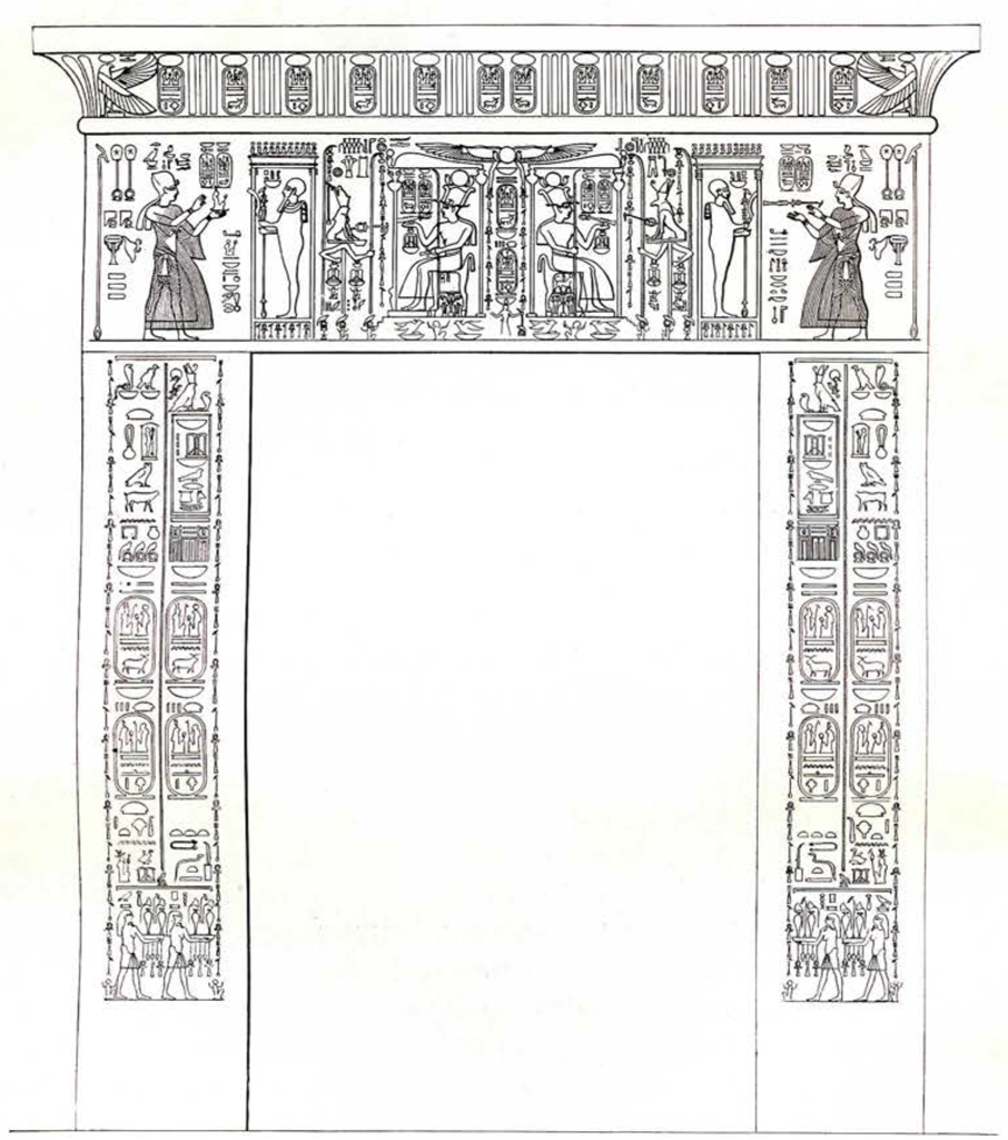 Drawing of a doorjamb with lots of inscriptions on the right and left posts and a mirrored scene on the lintel