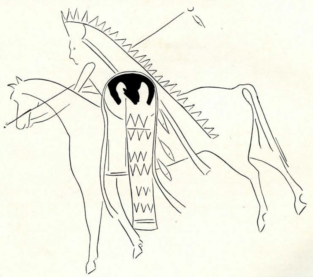 A sketch of a figure on horseback wearing a long headdress and holding a long staff or spear