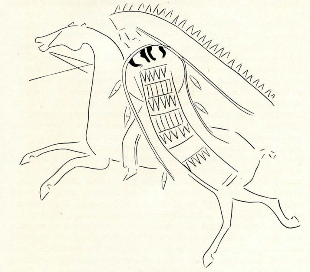 A sketch of a figure on horseback wearing a long headdress and holding a shield, the horse is rearing on its hind legs