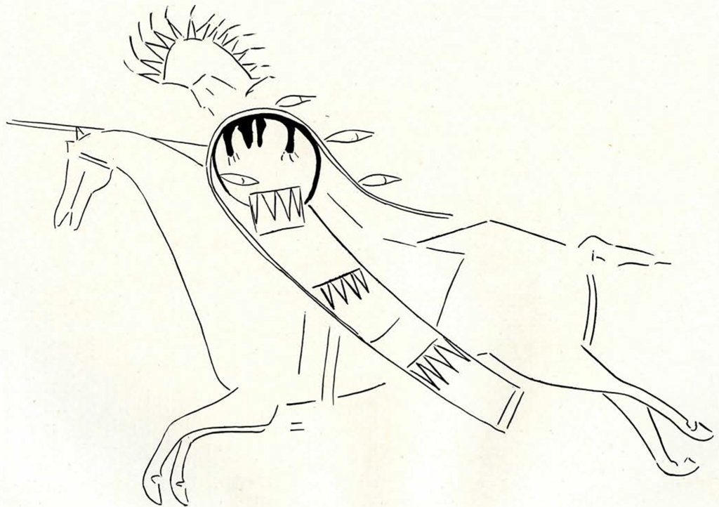 a figure on horseback wearing a long headdress and carrying a shield, the horse is galloping