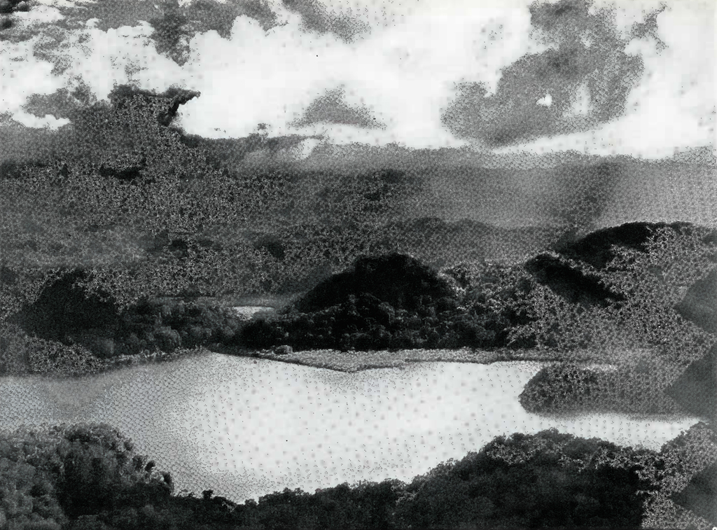 Aerial view of a lake and hills of dense jungle
